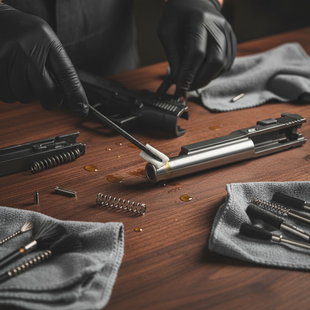 A person wearing black gloves uses a cleaning rod and patch to clean the barrel of a disassembled handgun on a wooden workbench.