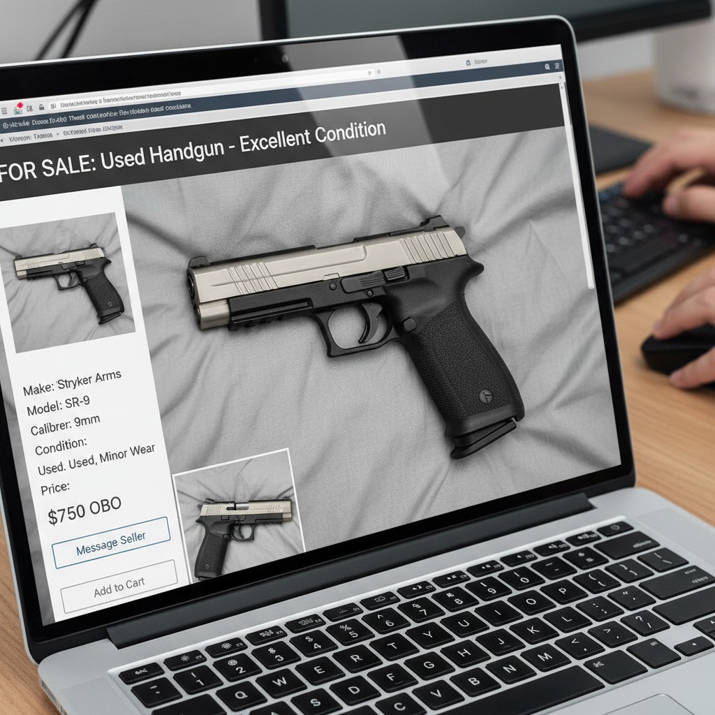 A laptop screen displays an online classified advertisement for a used Stryker Arms SR-9 handgun priced at $750.