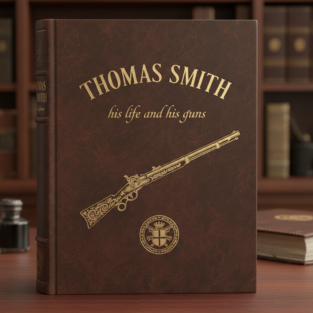 A brown leather-bound book titled "Thomas Smith: his life and his guns" sits on a wooden desk in front of a bookshelf.