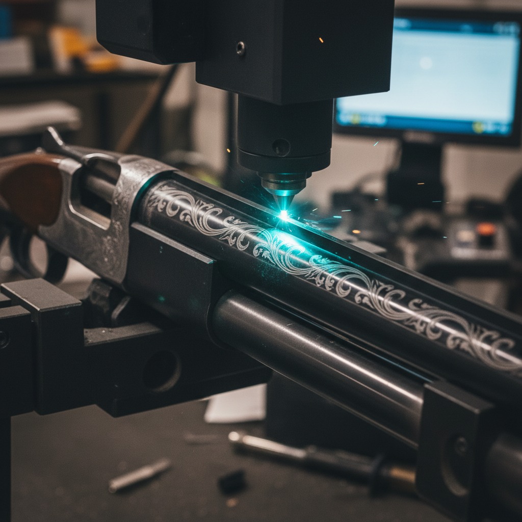 A laser engraver etches intricate floral patterns onto the metal barrel of a shotgun.