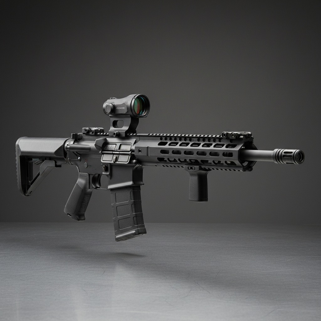 A black AR-15 style rifle with a red dot sight and vertical foregrip stands against a dark gray background.