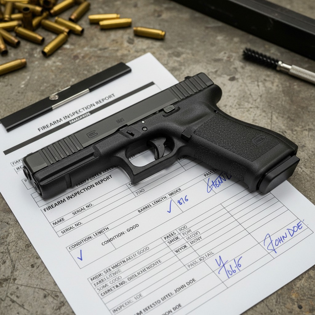A black semi-automatic pistol rests on top of a completed firearm inspection report form surrounded by scattered brass shell casings and a cleaning brush.
